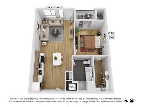 Floor plan for 1 bed, 1 bath, 835 sqft